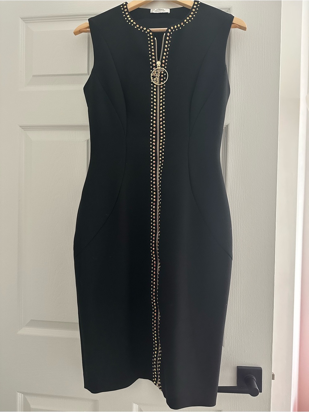 Versace Collection Black Gold Medusa Zip Midi Dress Size 44